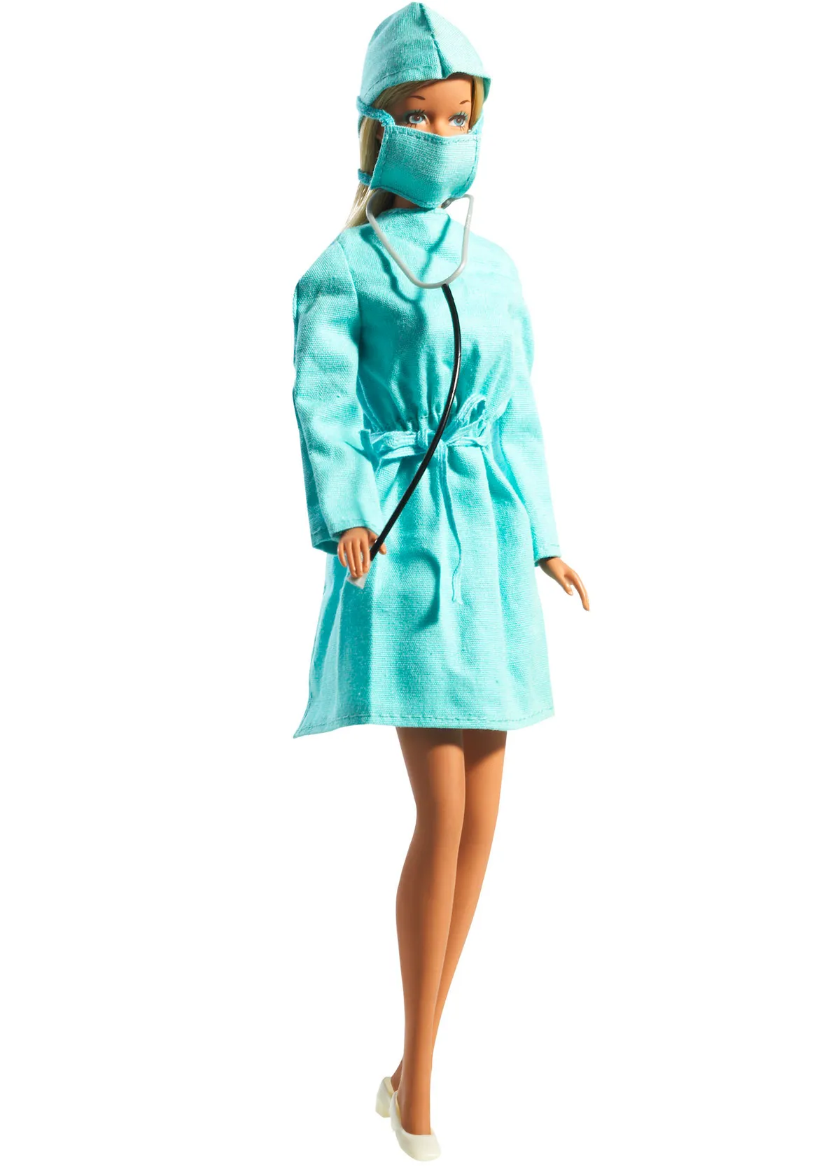 Registered Nurse Barbie, who wears a stethoscope and a teal scrub dress, surgical mask, and hat